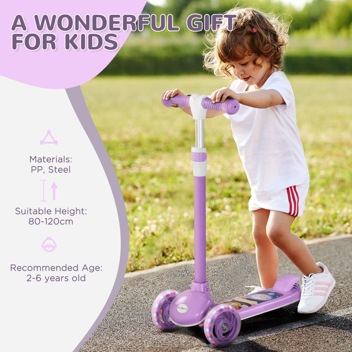 AIYAPLAY Kids 3-Wheel LED Scooter, Adjustable Height, Purple, 2-6 Years