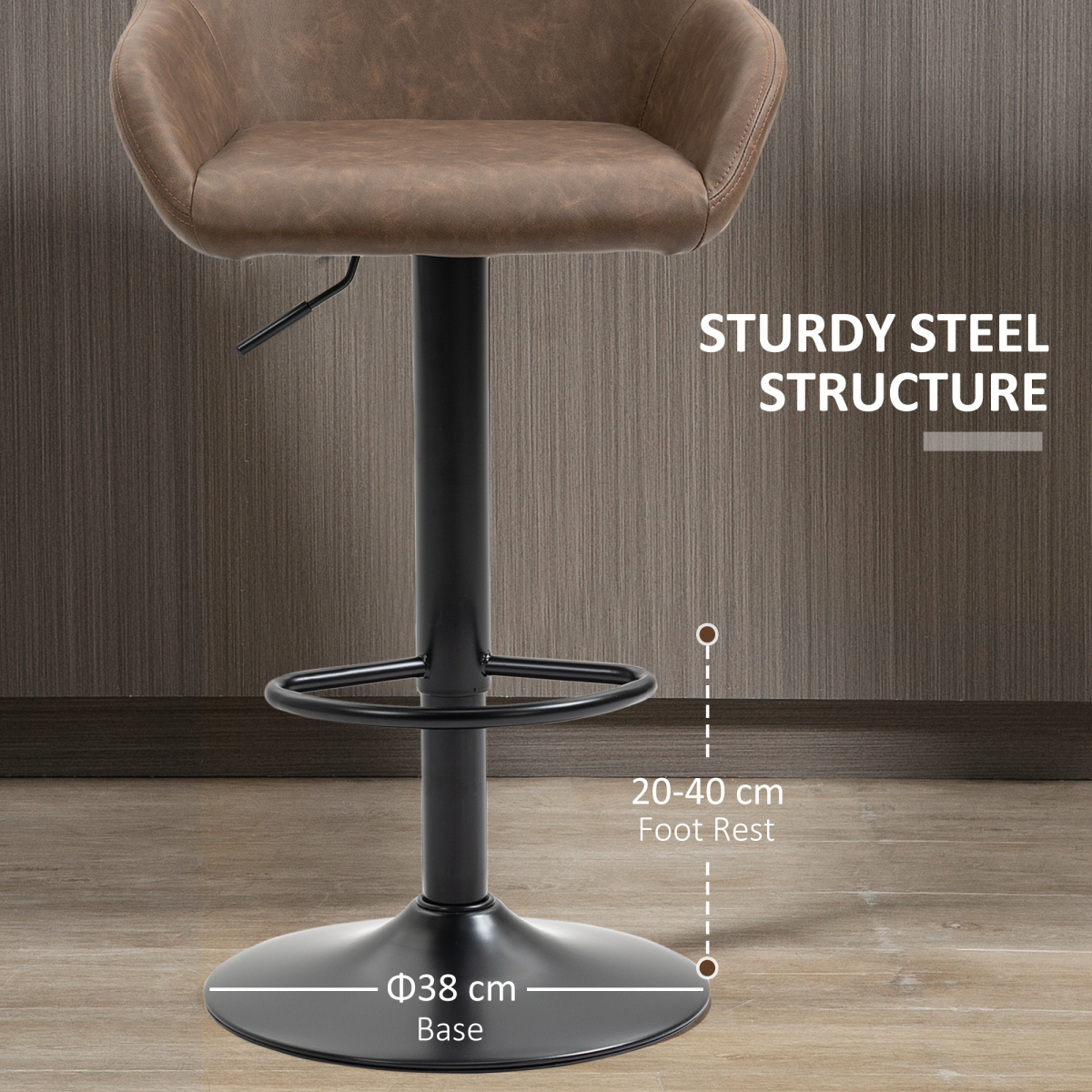 HOMCOM Set of 2 Swivel Bar Stools with Footrest and Backrest, Adjustable Height, PU Leather and Steel, Brown