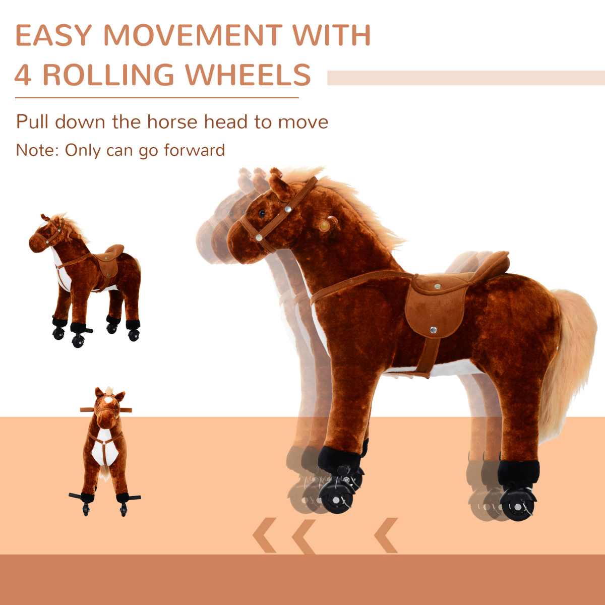 HOMCOM Plush Ride On Walking Horse Toy with Wheels and Sound