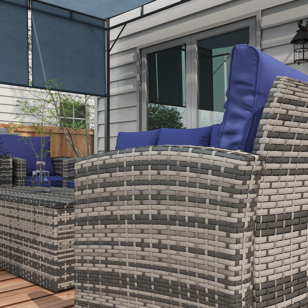 Outsunny 6-Piece Patio Rattan Sofa Conversation Set with 2 Armchairs, 2-Seat Sofa, 3-Seat Sofa, Tea Table and Side Table, Navy Blue Cushions