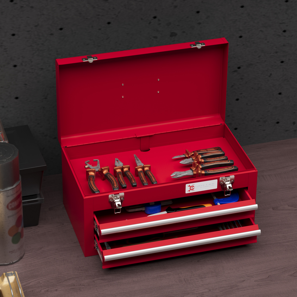 DURHAND Lockable 2-Drawer Steel Tool Chest with Ball Bearing Slides, Red