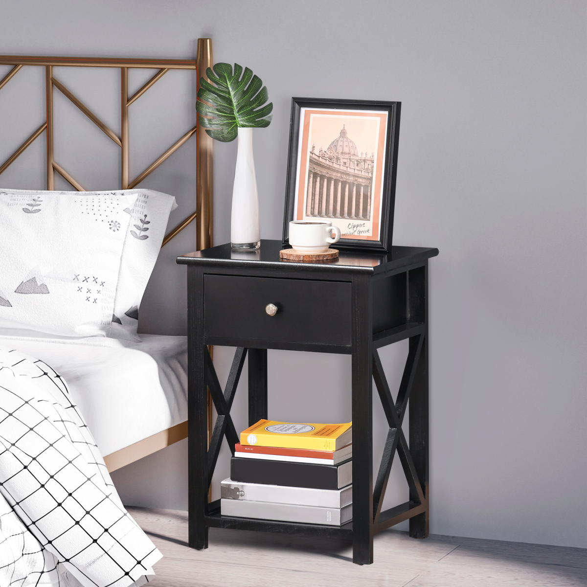HOMCOM Black MDF 2-Tier Side Table with Drawer and Bottom Shelf