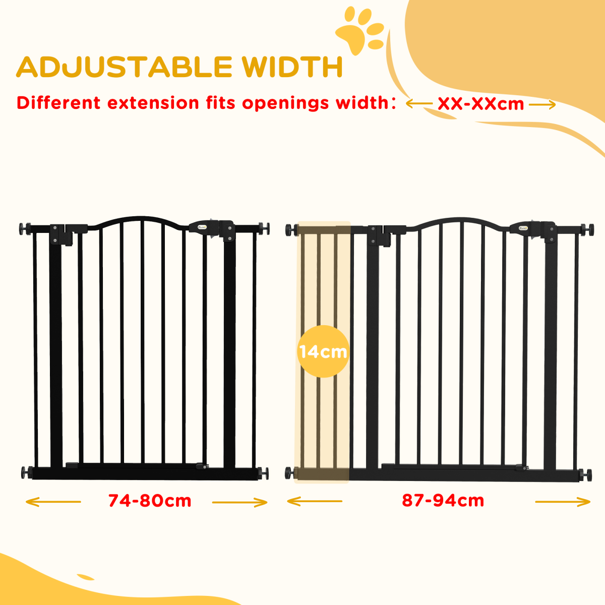 PawHut 74-94cm Adjustable Metal Pet Safety Gate, Auto-Close Black