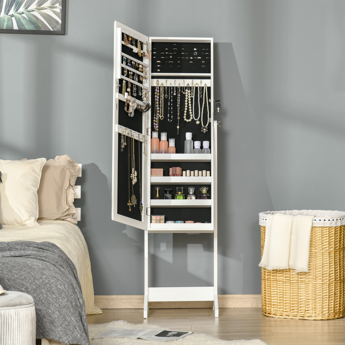 Freestanding Mirrored Jewellery Cabinet with Lockable Storage, White