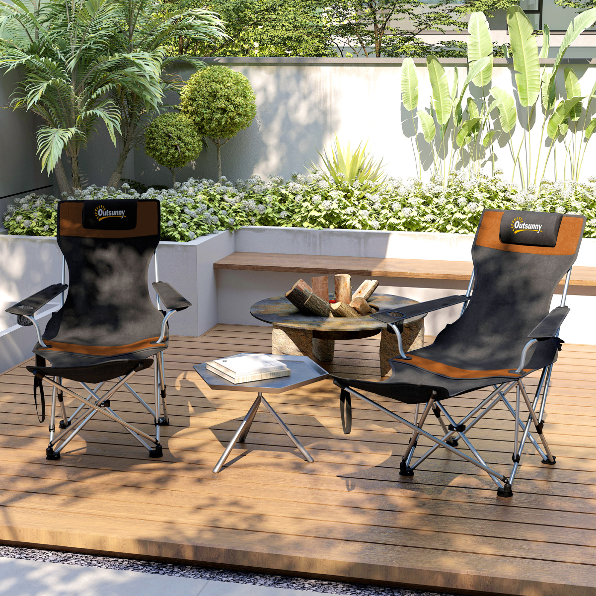 Outsunny Set of 2 Reclining Camping Chairs with Footrest, Orange/Black