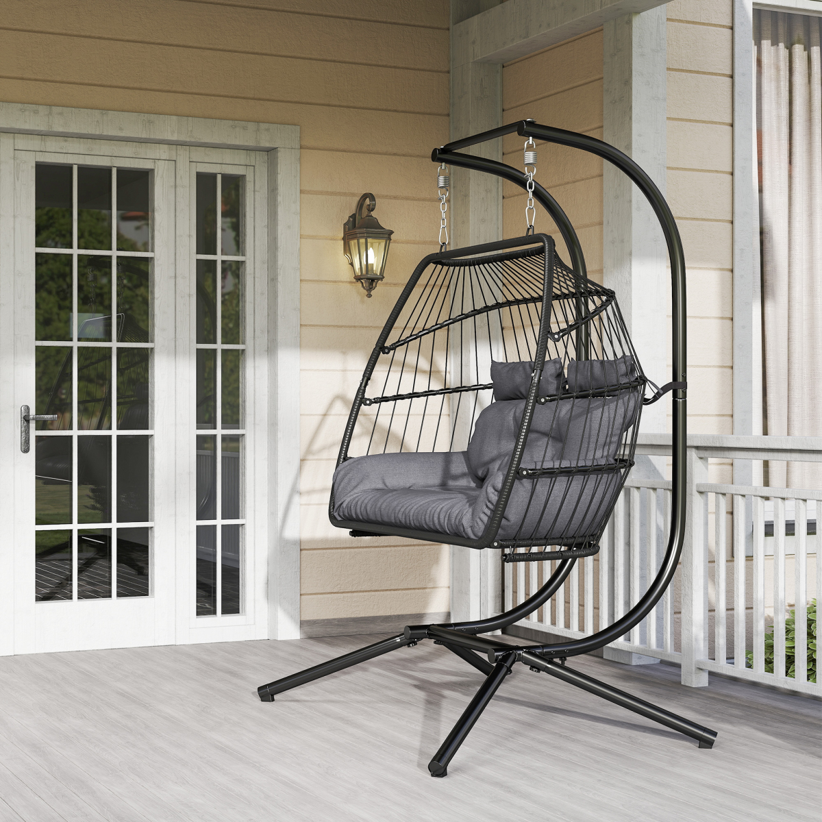 Outsunny Double Rattan Hanging Egg Chair with Stand, Cushion, Dark Grey