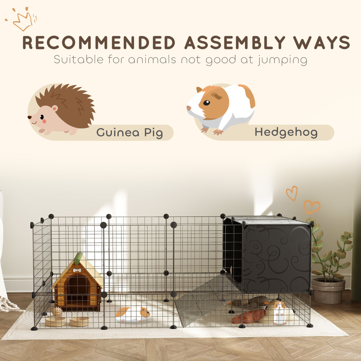 PawHut DIY Small Animal Cage with Elevated Huts for Guinea Pigs, Hedgehogs