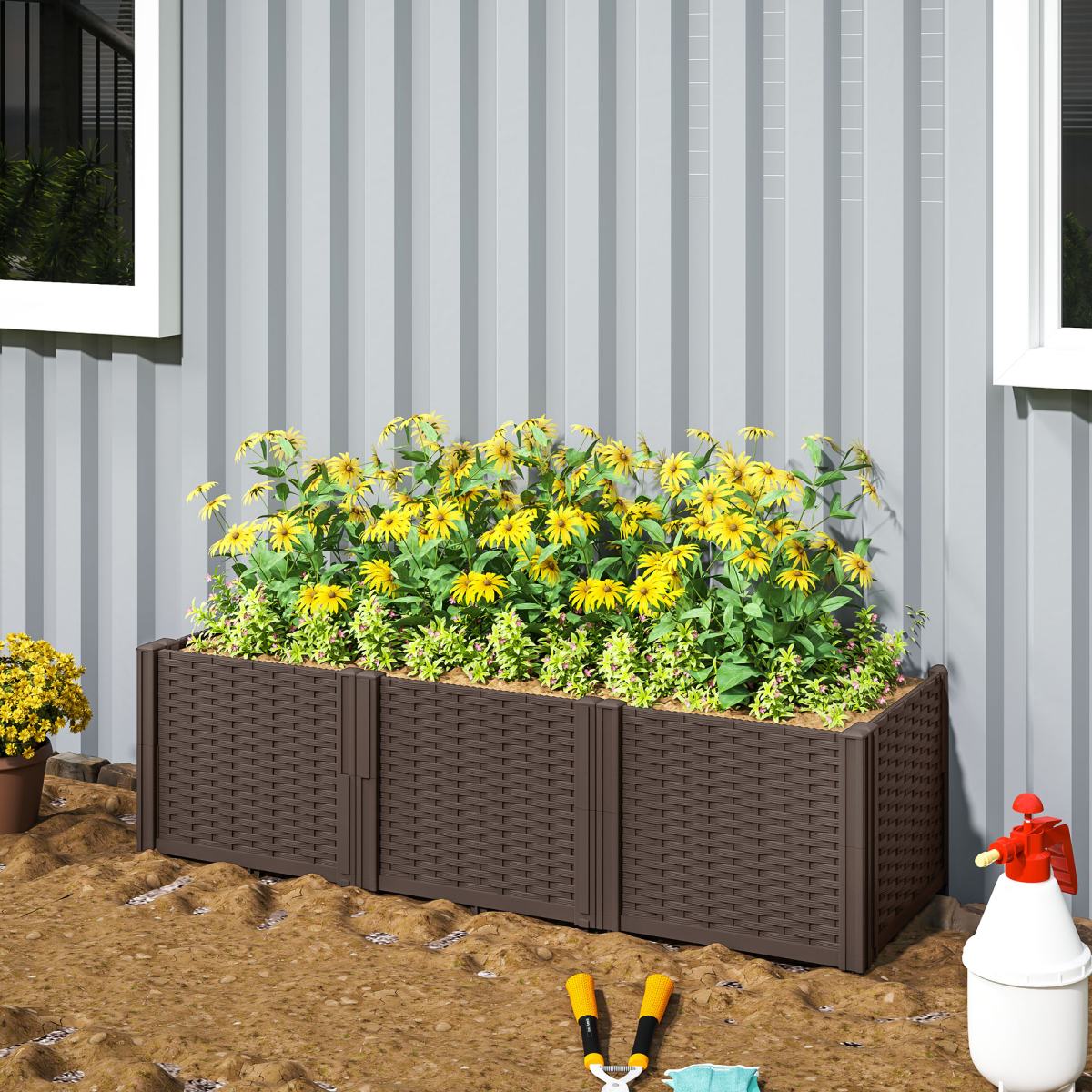 Outsunny Modular PP Raised Garden Bed Planter Box, Brown