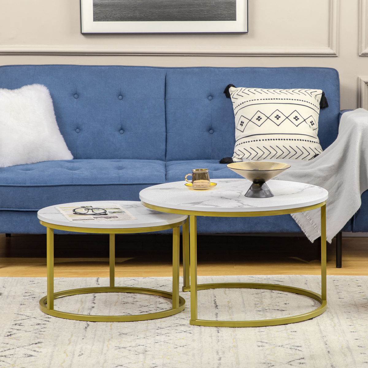 HOMCOM Set of 2 Round Nesting Marble Coffee Tables for Living Room