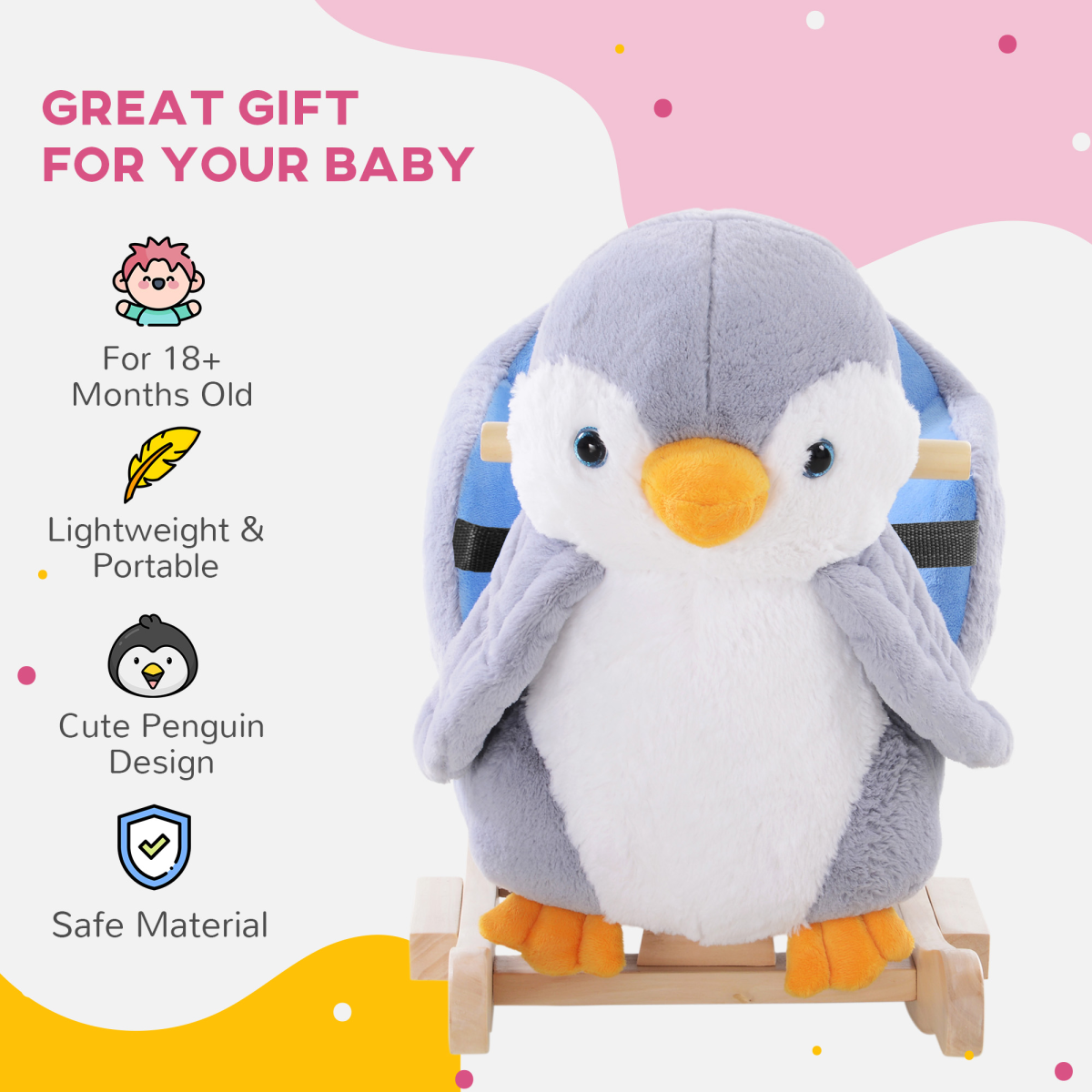 HOMCOM Penguin Plush Musical Rocking Horse, 32 Songs, Wood