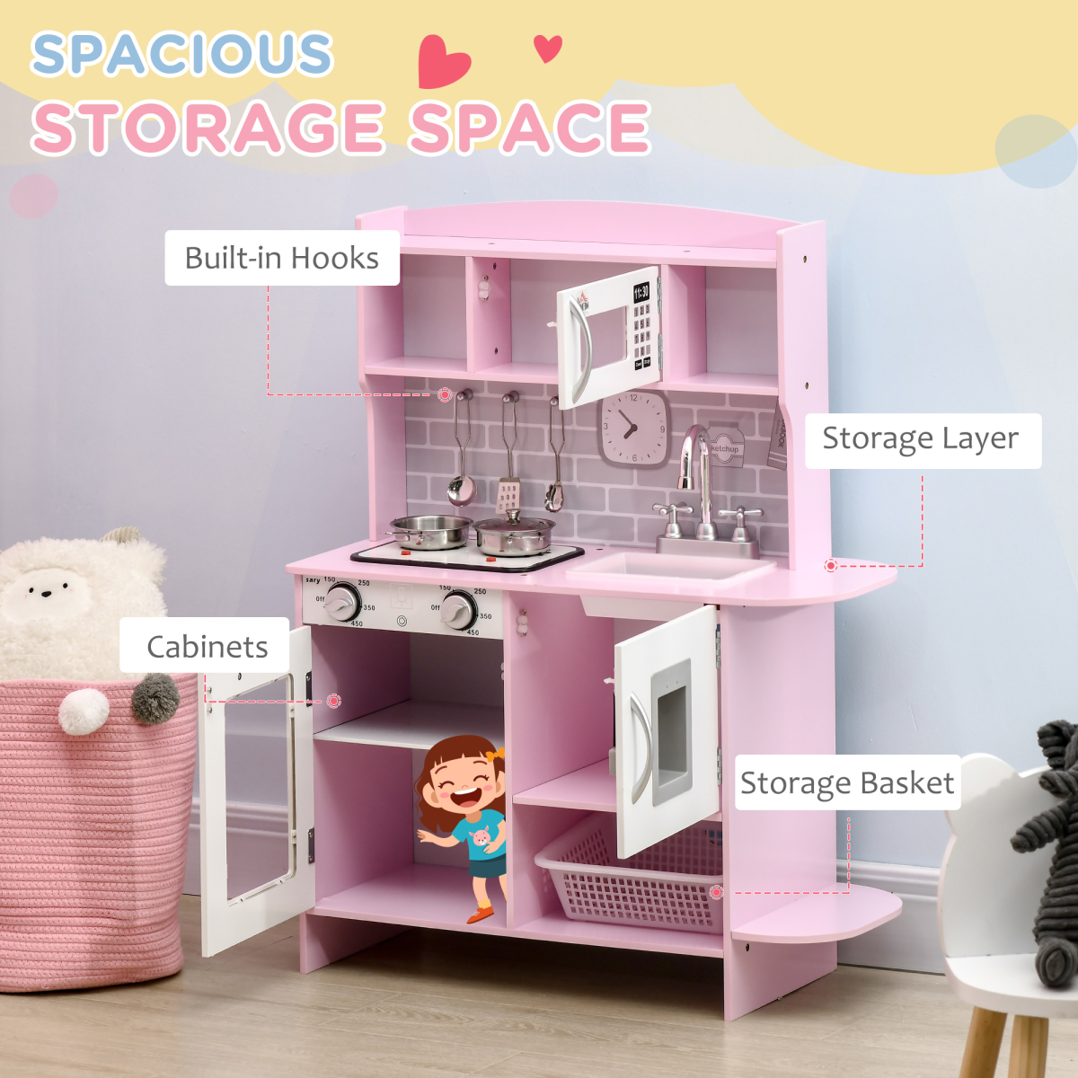 Kids Kitchen Playset with Lights and Sounds, Sink, Oven, Microwave, Ages 3-6, HOMCOM