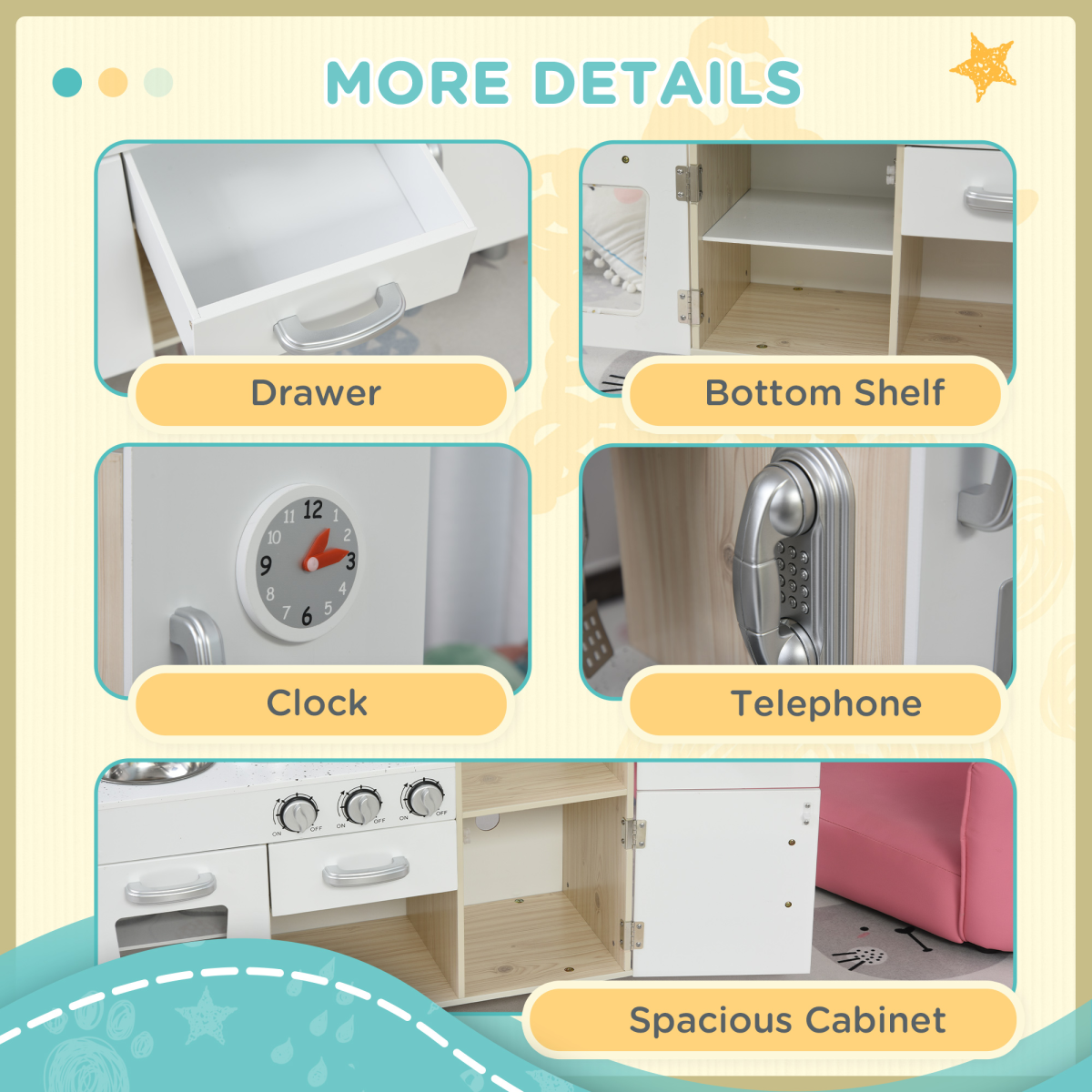 HOMCOM White Kids Kitchen Playset with Accessories, Pretend Cooking Set, Sink, Induction Cooker, Telephone and Water Dispenser