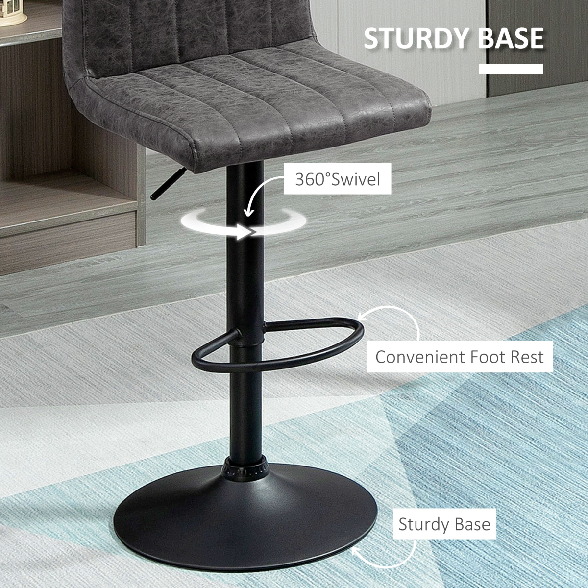 HOMCOM Barstools Set of 2 Adjustable Height Bar Chairs with Footrest, Grey