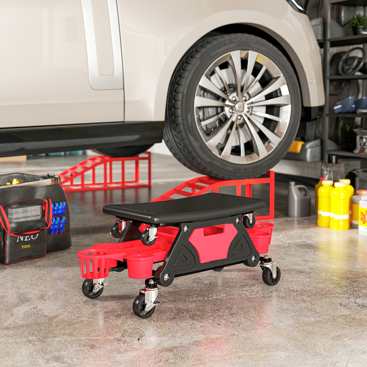 HOMCOM Rolling Mechanic Stool with Storage, 135kg Capacity, Red