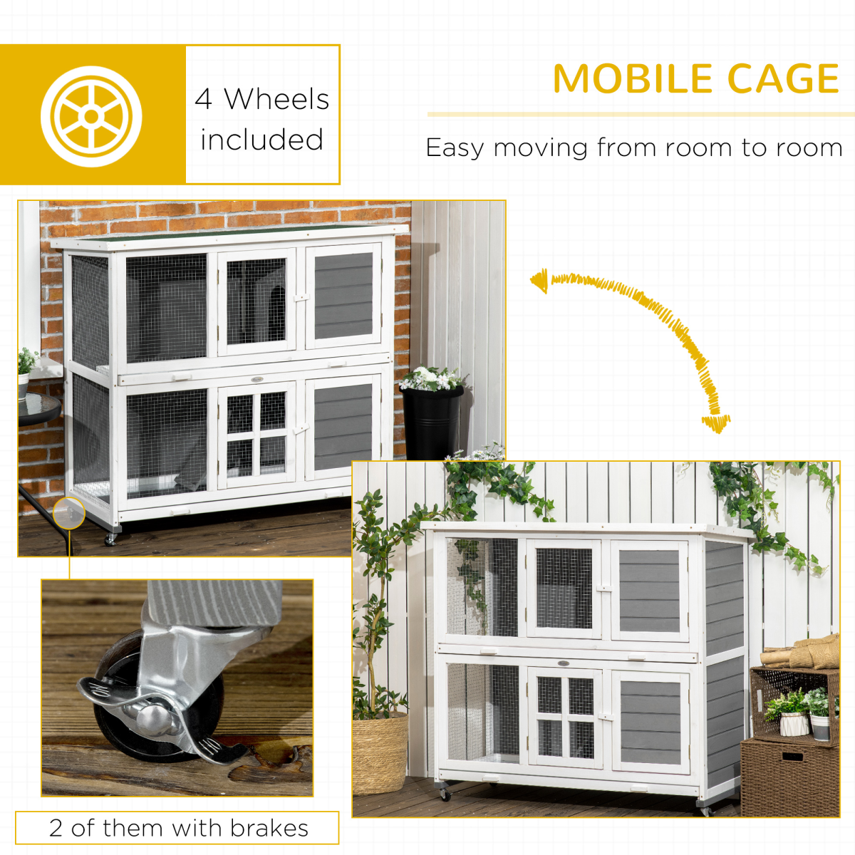PawHut Wooden Two-Tier Rabbit Hutch with Wheels, Removable Trays, Lockable Doors, Grey