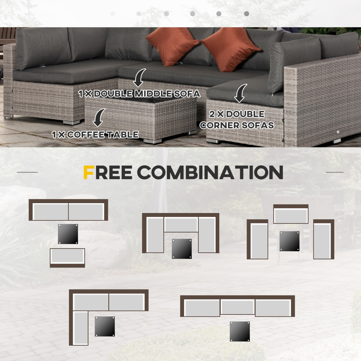 Outsunny 6-Seater Patio PE Rattan Sofa Set with Tempered Glass Coffee Table Grey