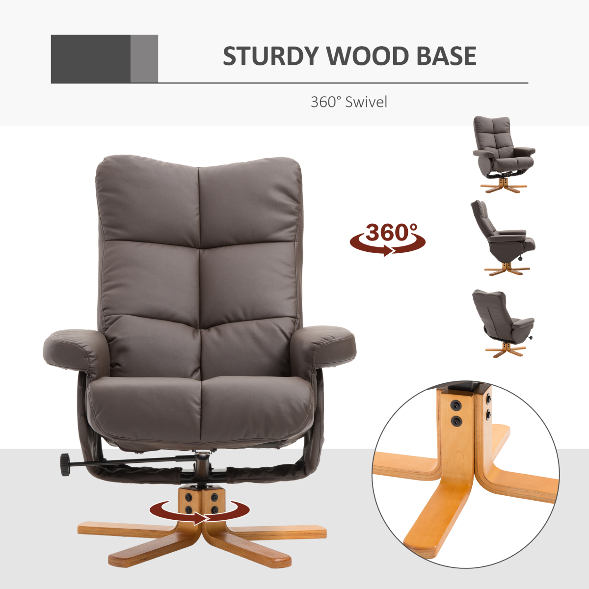 Brown Faux Leather Recliner Chair Set with Ottoman Storage