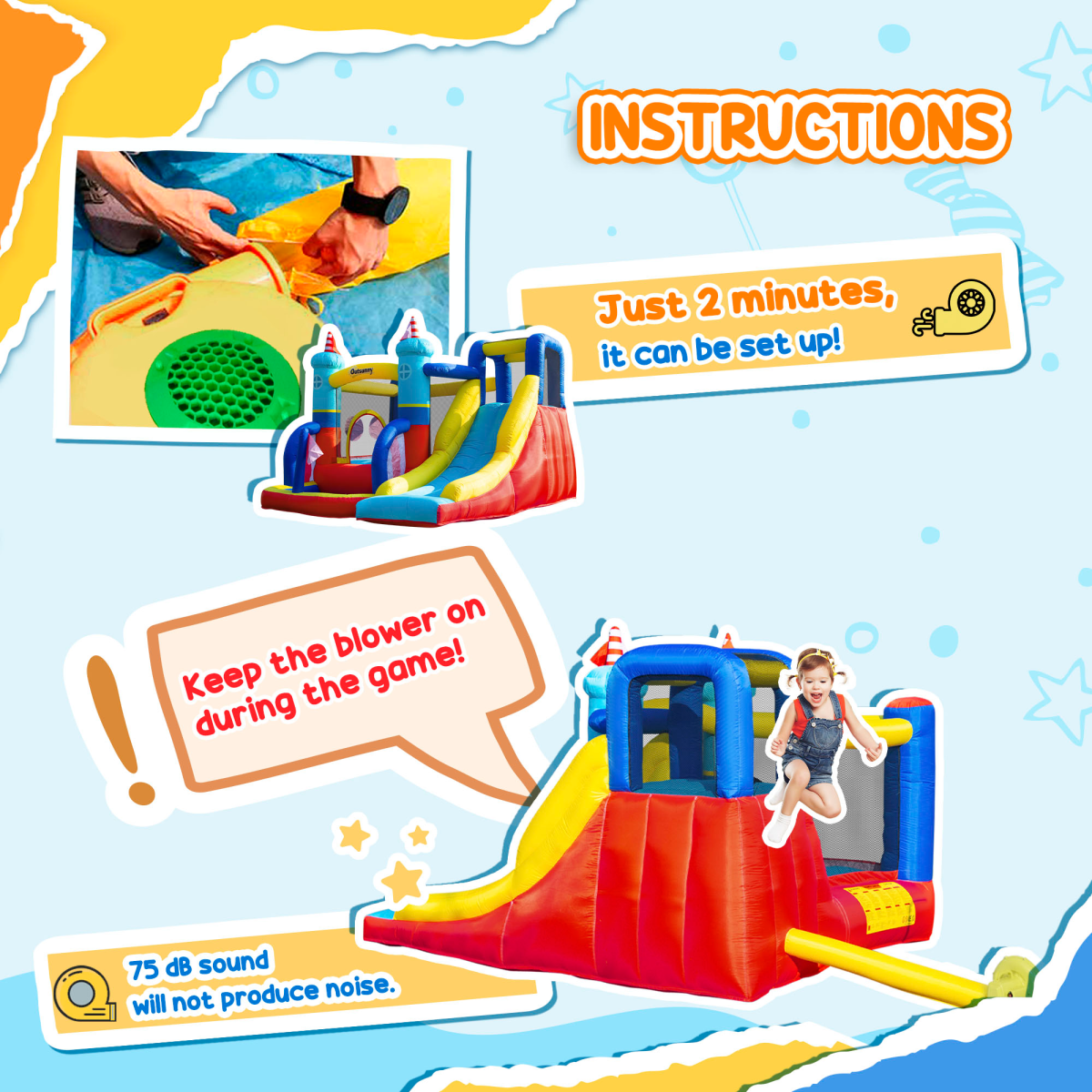 Kids Inflatable Bouncy Castle with Slide, Pool, Trampoline & Blower