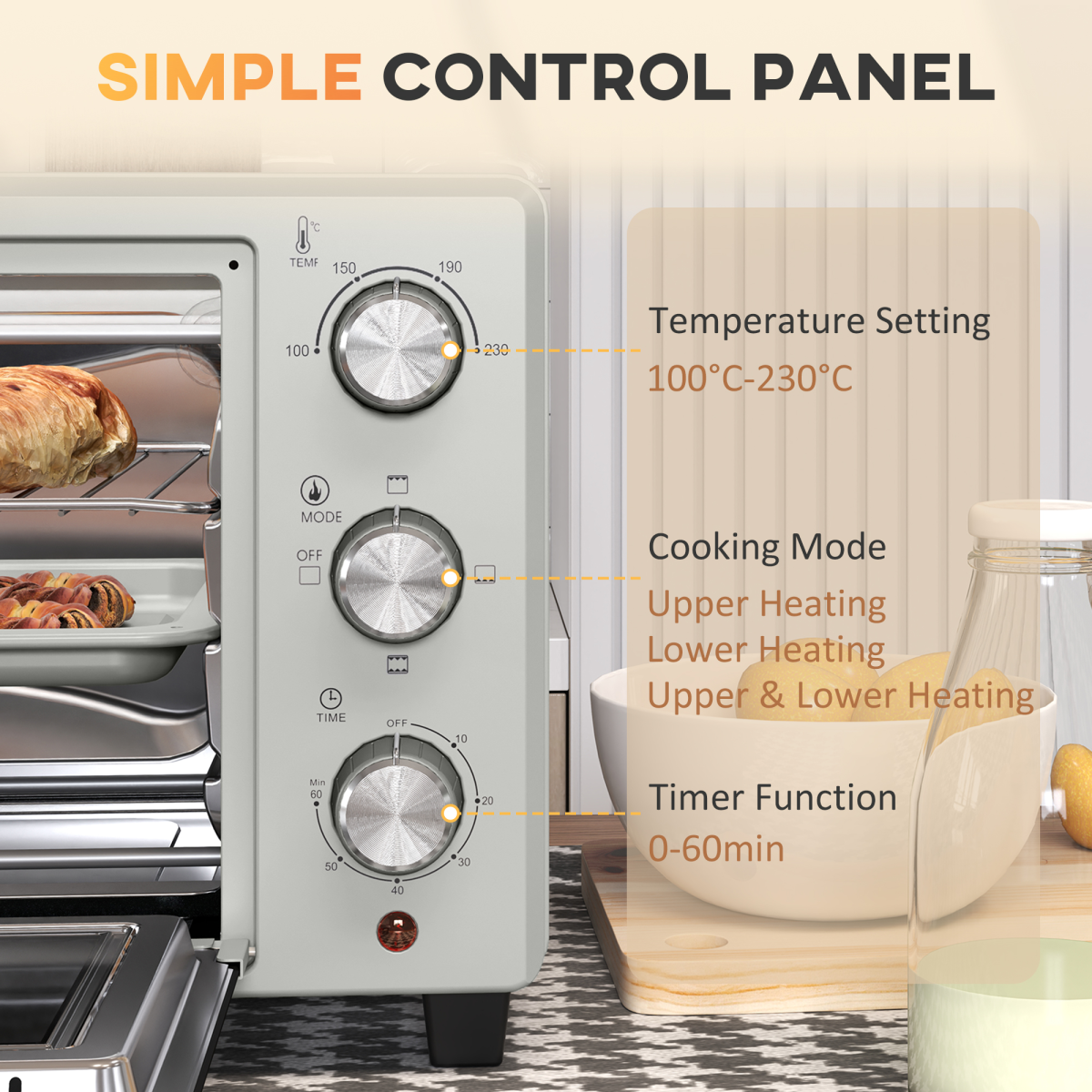 HOMCOM 21L Electric Mini Oven with Adjustable Temp, 1400W, Silver