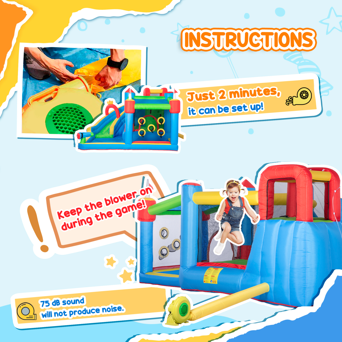 Outsunny Kids Inflatable Bouncy Castle 6-in-1 Water Slide with Trampoline, Climbing Wall, Throwing Wall, Water Gun and 450W Air Blower