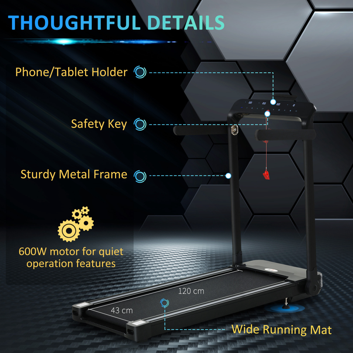 HOMCOM Foldable Electric Treadmill 1.85HP 12km/h LED Screen Safety Lock Black