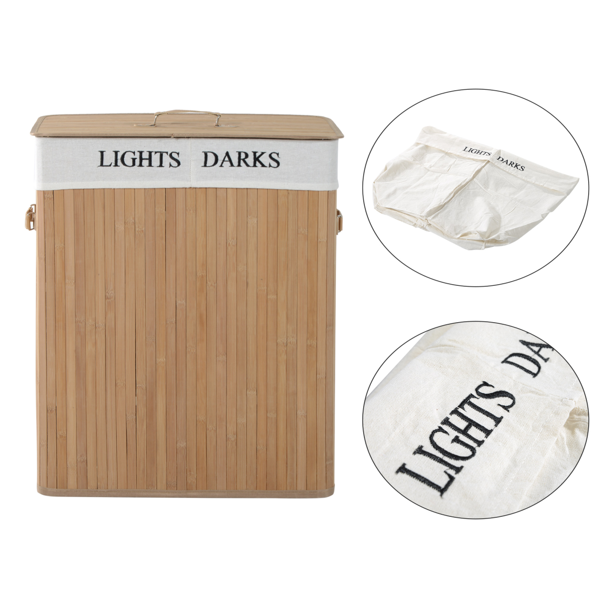 HOMCOM Bamboo Laundry Basket with Lid, Collapsible Storage Bin, Removable Washable Bag, PU Handles