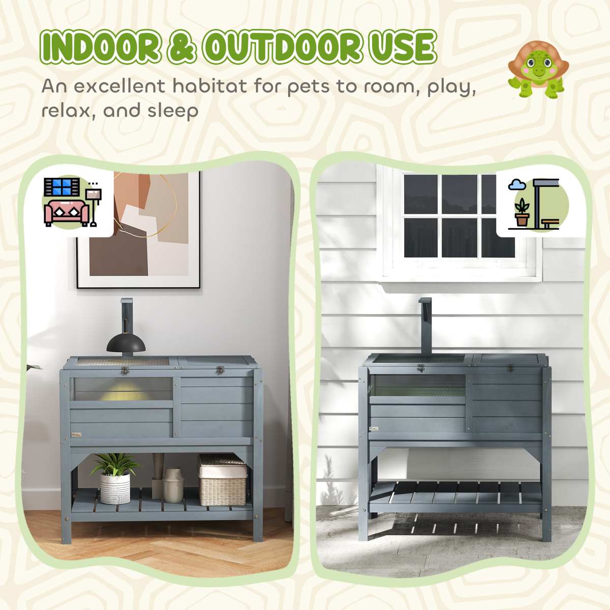 PawHut Wooden Tortoise House with Run, Hide Box, Shelf and Lamp Holder, Grey