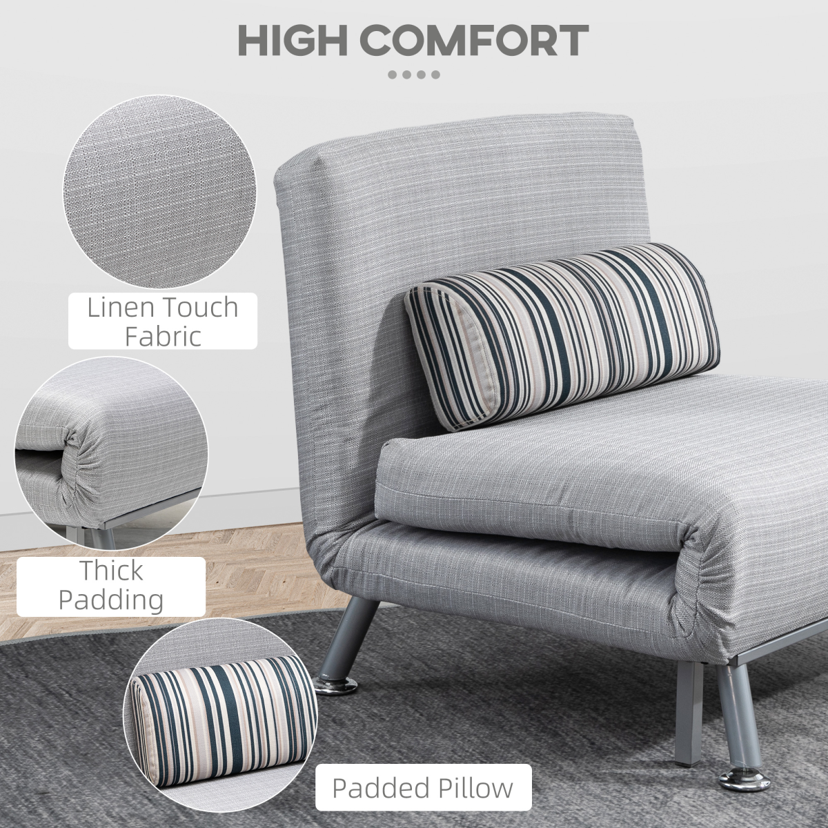 Single Sofa Bed Folding Chair Bed with 5-Position Adjustable Back, Steel Frame, Pillow, Grey/Silver
