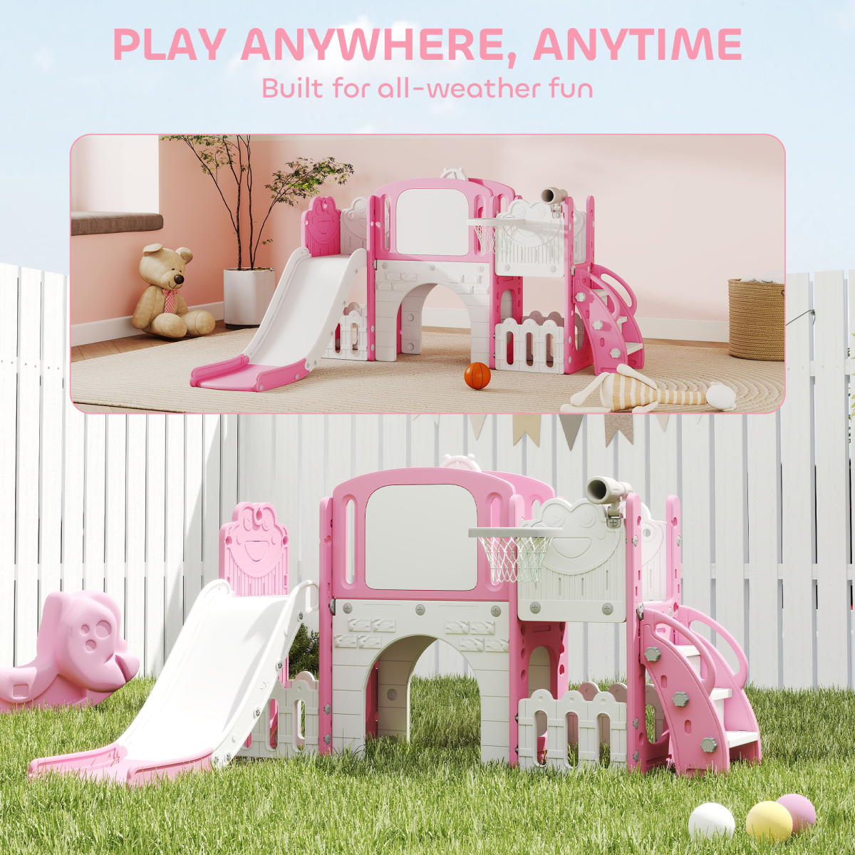 AIYAPLAY 7-in-1 Frog Theme Toddler Slide Set with Basketball Hoop
