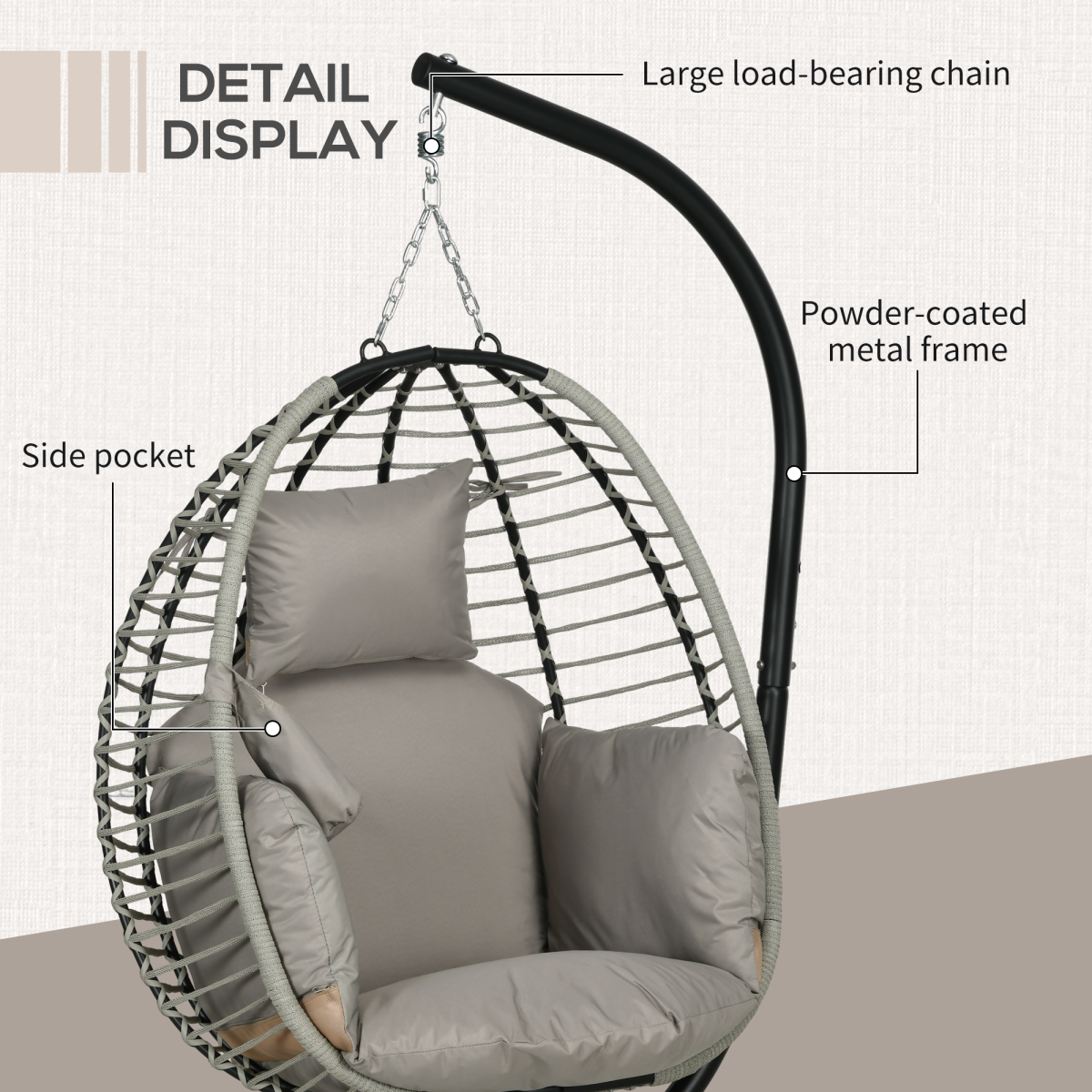 Outsunny Grey Hanging Swing Chair with Thick Cushion and Cup Holders