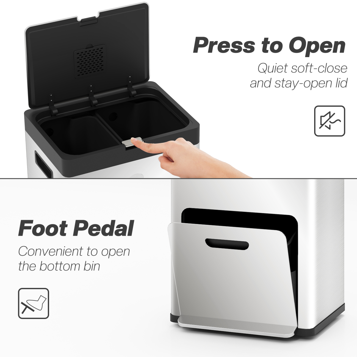 HOMCOM 3-Compartment 56L Stainless Steel Pedal Bin with Wheels