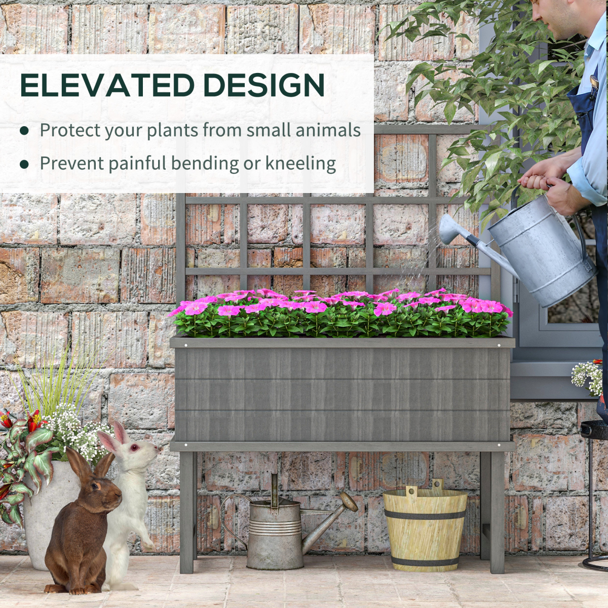 Outsunny Wood Raised Planter with Trellis, Drain Holes, Elevated Garden Bed, Grey