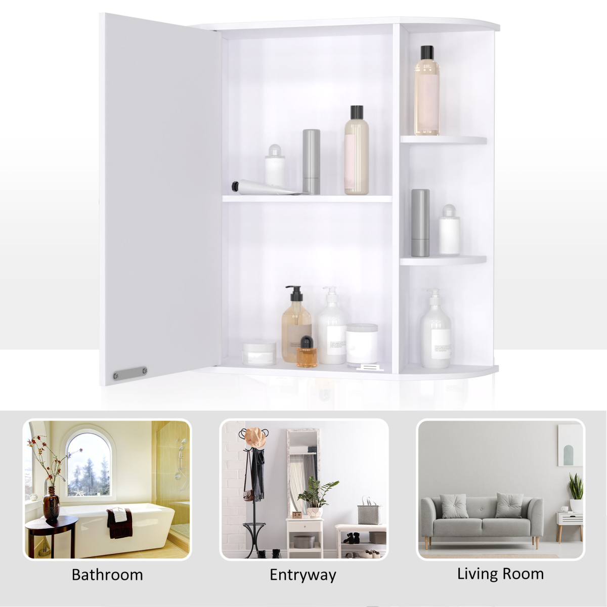 Wall Mounted Bathroom Cabinet with Mirror, Single Door Storage Cabinet with Open Shelves, White Bathroom Wall Cabinet