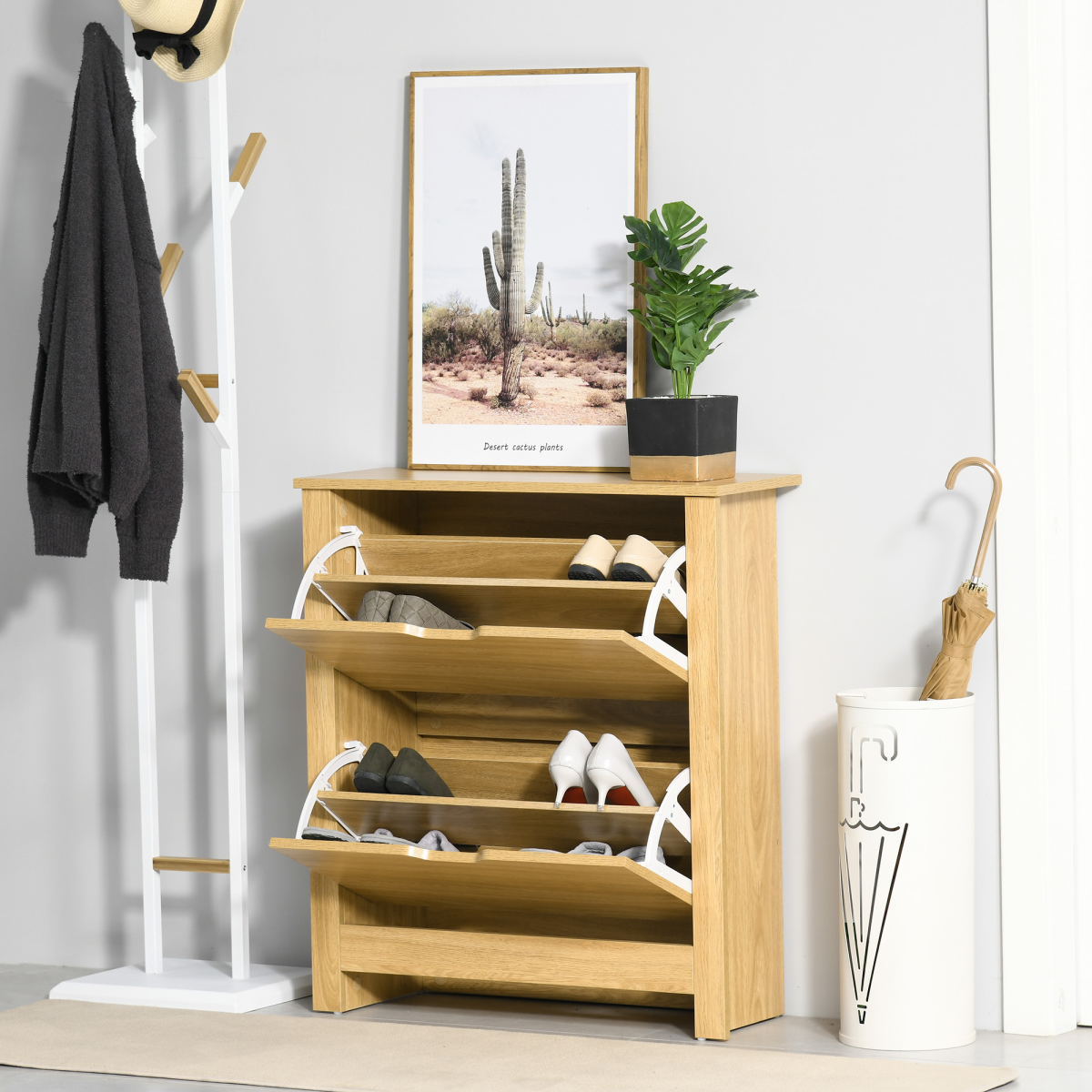 12-Pair Shoe Storage Cabinet with 2 Drawers, 4 Shelves and Tabletop, Brown