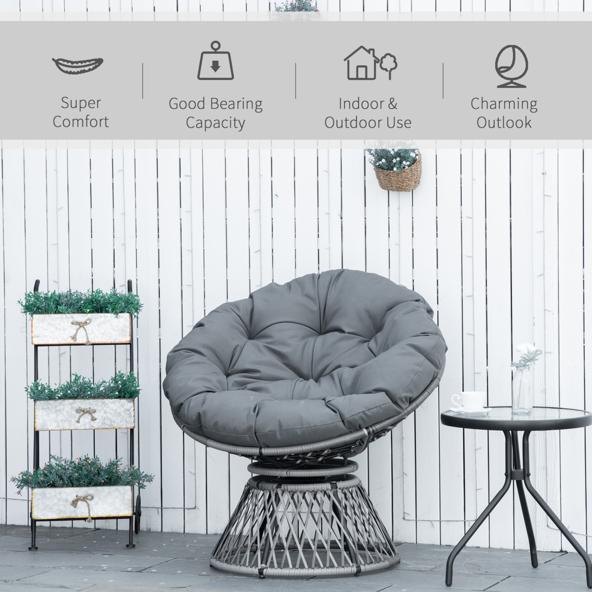 360° Swivel Rattan Papasan Moon Bowl Chair with Cushion, Outdoor, Grey, Outsunny