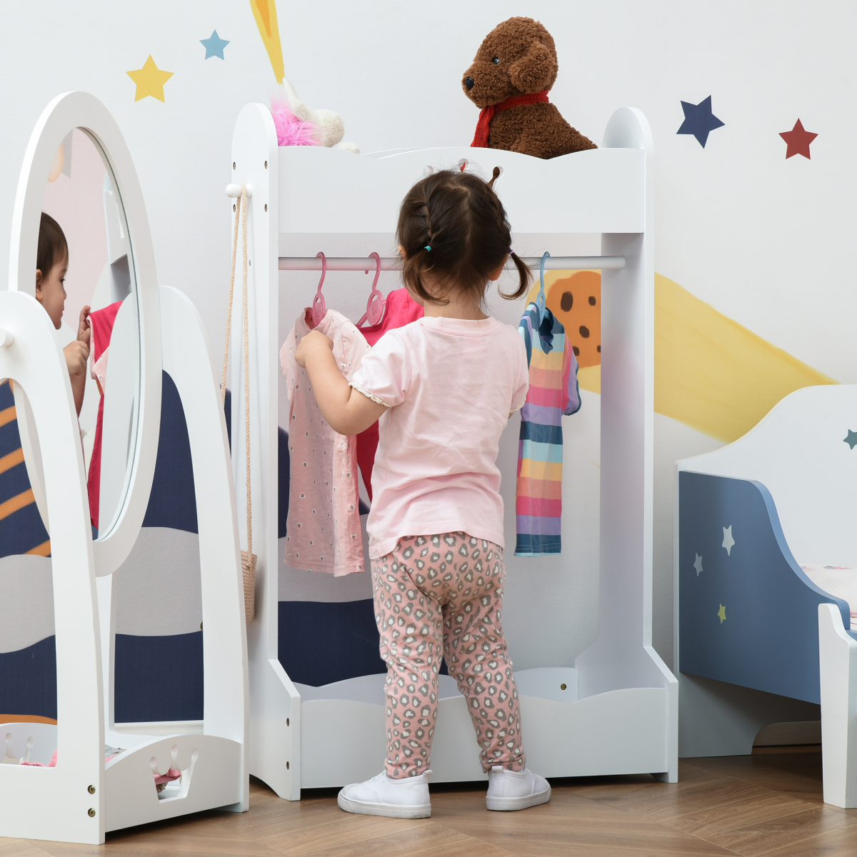 Kids Wooden Clothes Rack with Storage Shelves and Hooks, Princess Hall Tree for Ages 3-8 Years