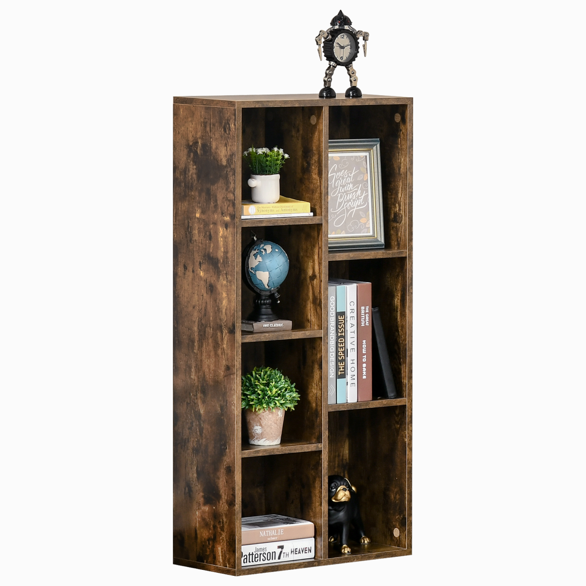 HOMCOM Industrial Bookcase Display Cabinet, 7-Compartment Cube Storage, Rustic Brown