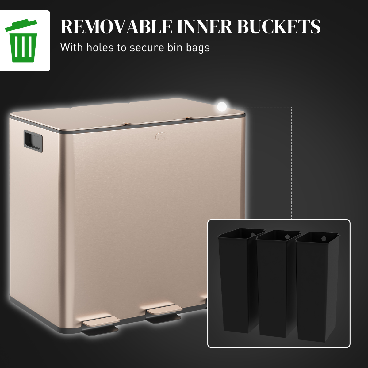 PawHut 3 x 15L Triple Kitchen Recycling Pedal Bin, Gold Tone