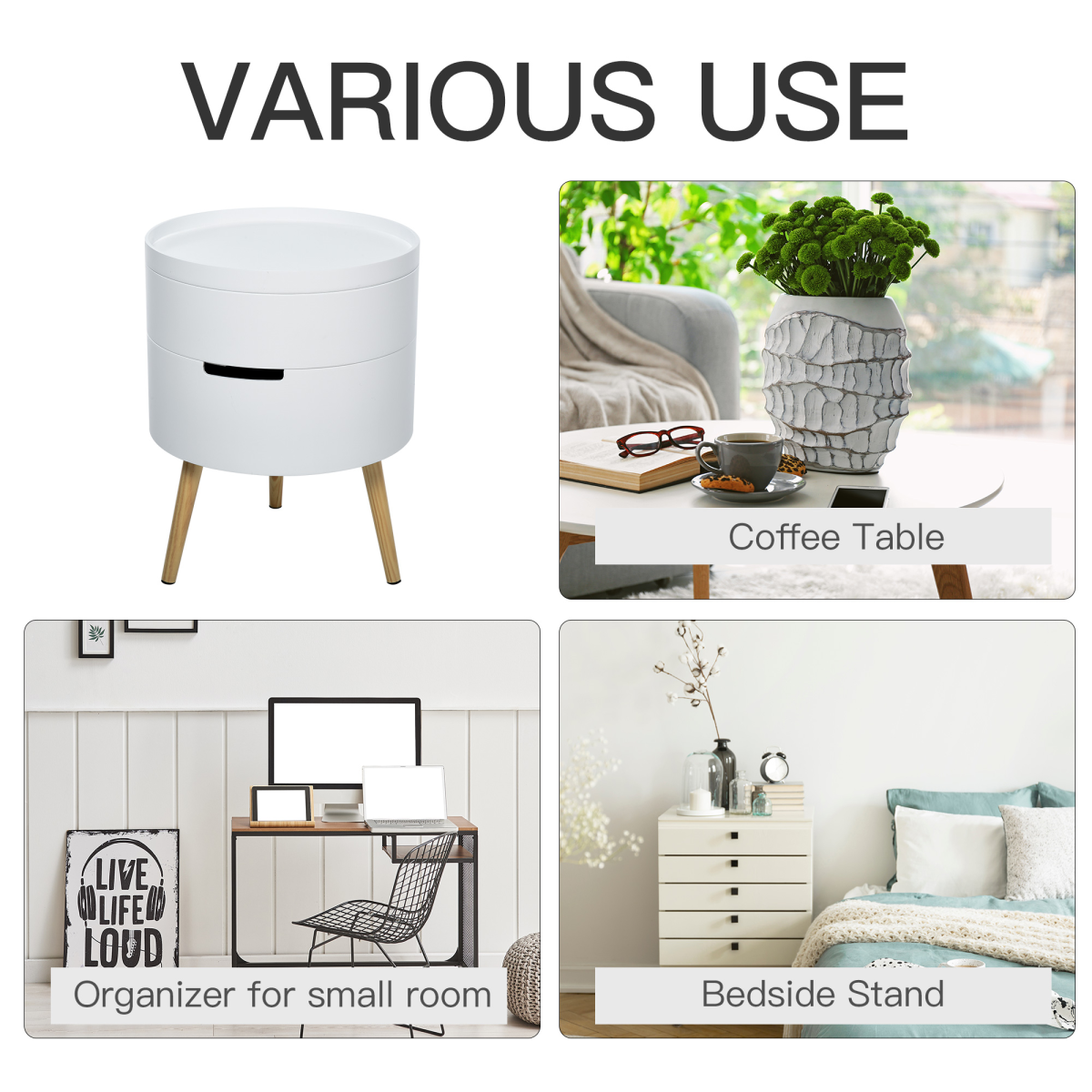 HOMCOM 3-Part Side Table with Storage, Detachable Tray Top, White