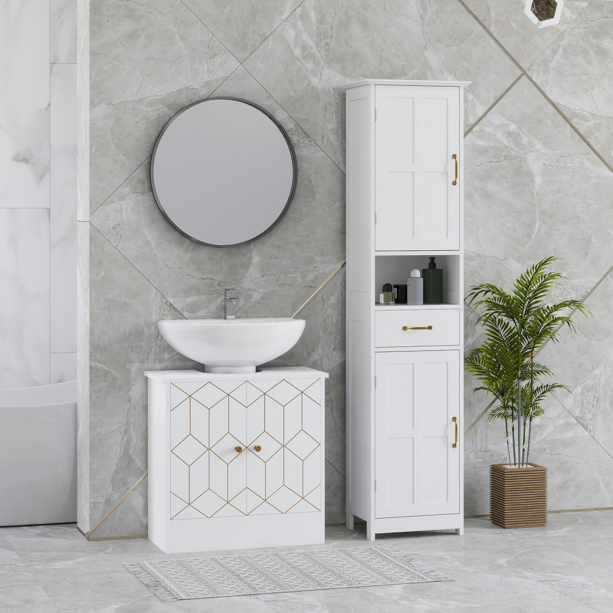 HOMCOM White Bathroom Under Sink Cabinet for Basin, Adjustable Shelf
