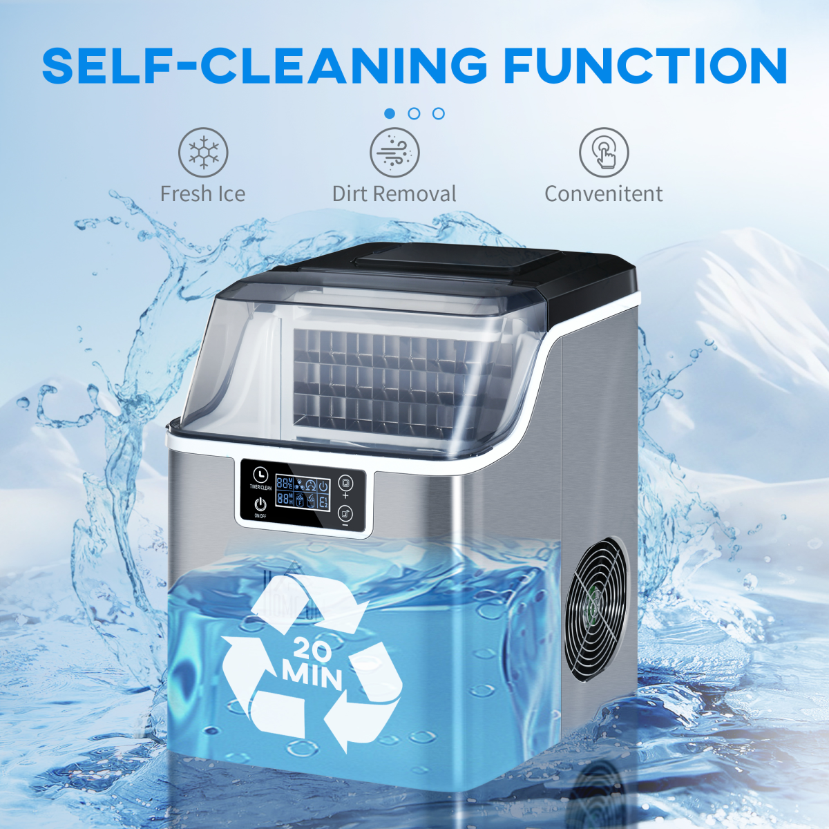 Counter Top Ice Maker Machine, Makes 20kg Ice in 24 Hours, 24 Cubes Every 18 Minutes, LCD Display, Automatic Cleaning, Adjustable Cube Size, 3.2L Capacity, Unbranded