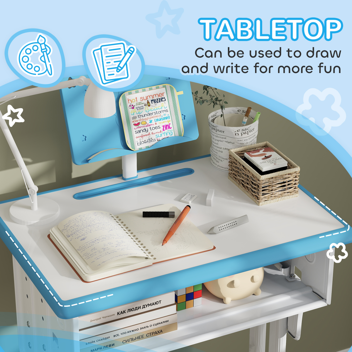 HOMCOM Adjustable Kids Desk and Chair Set with Drawer, Blue