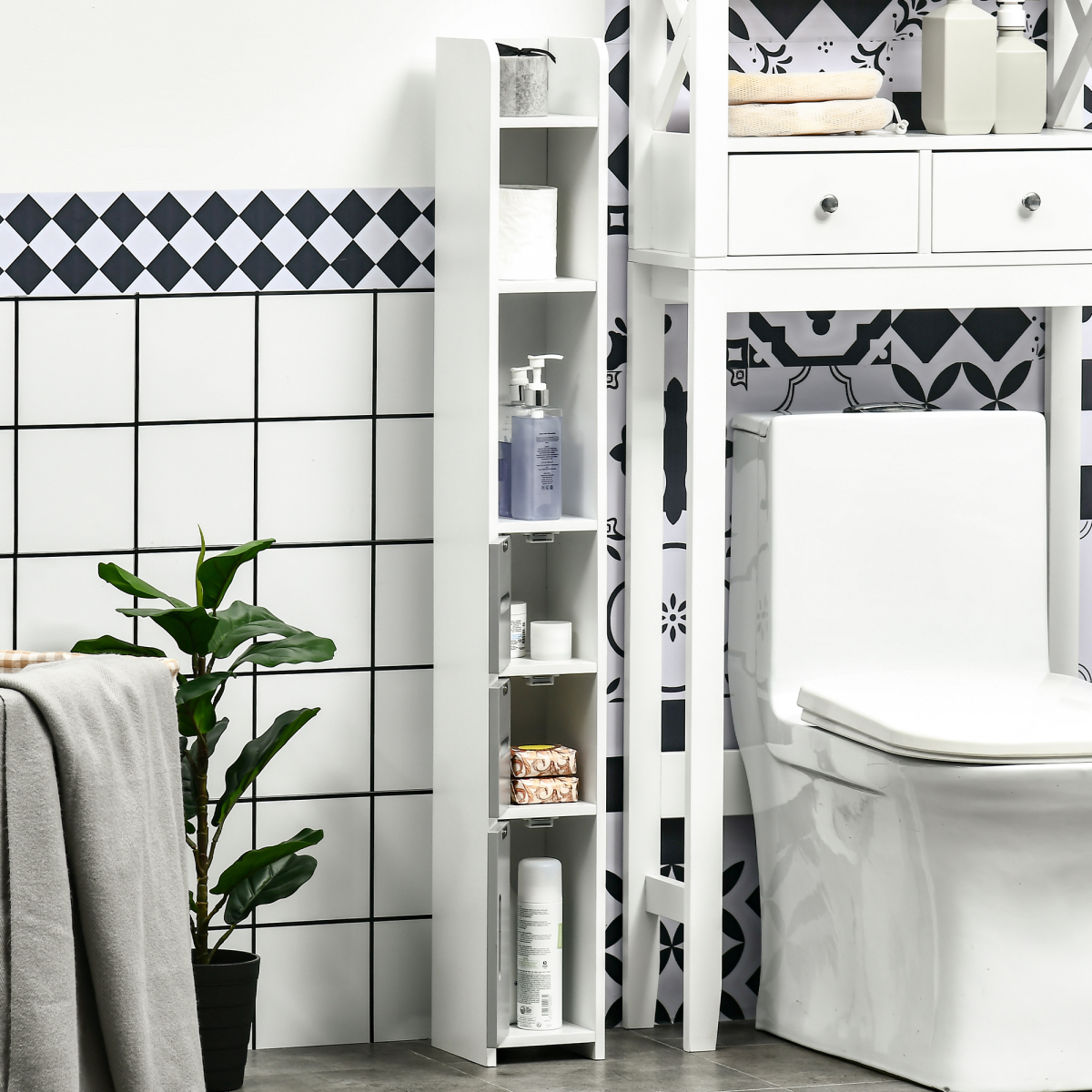 kleankin Freestanding Tall Bathroom Cabinet with Open Shelves and 3 Cupboards, Grey