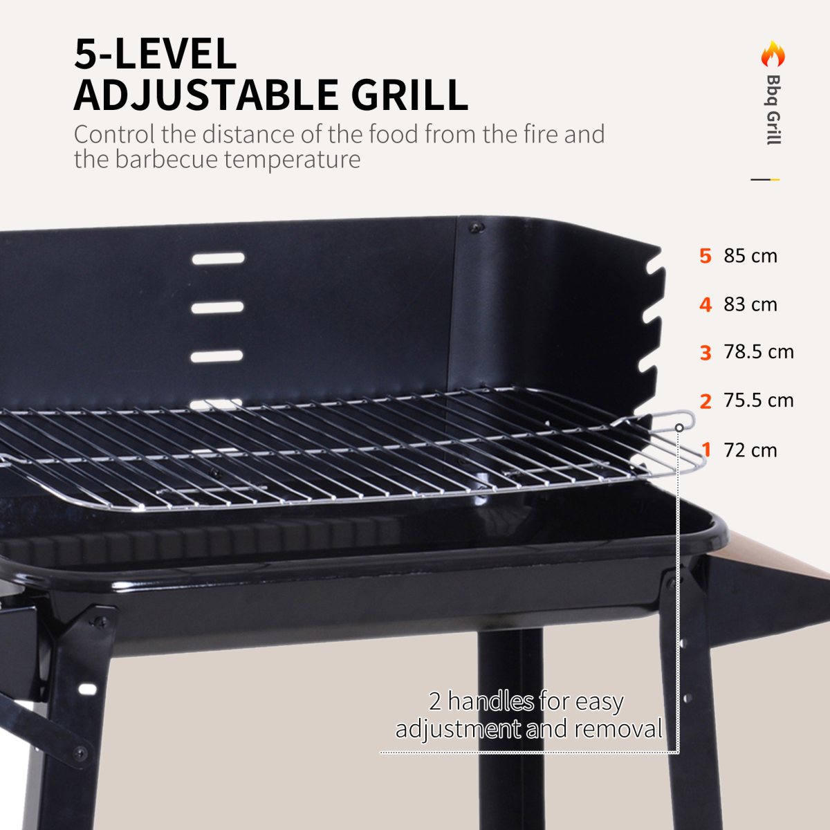 Outsunny Charcoal BBQ Grill with Adjustable 4-Height Grill Pan, Side Wind Shield, Shelf and Wheels, 87 x 45 x 83 cm, Black