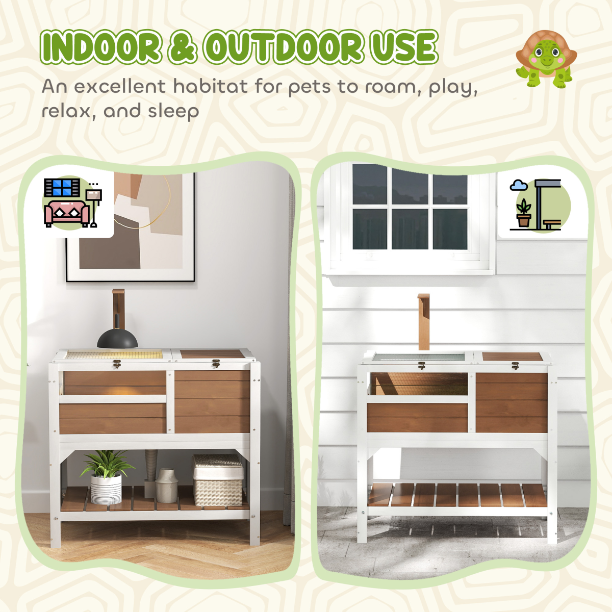 PawHut Wooden Tortoise House with Run, Shelf & Lamp Holder, Brown