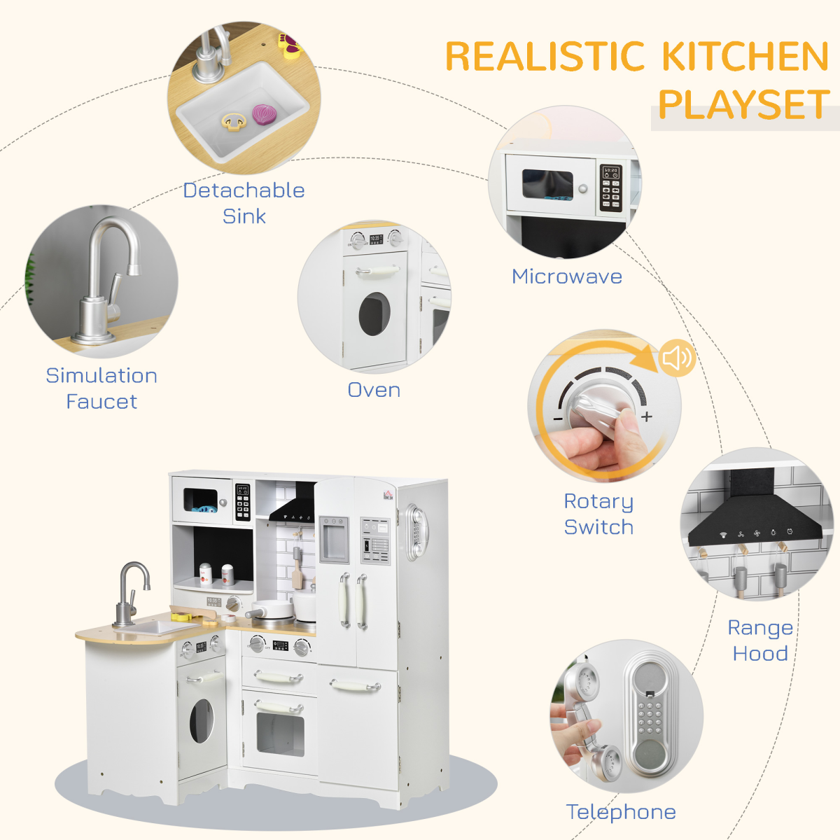 HOMCOM White Kids Kitchen Playset with Full Accessories