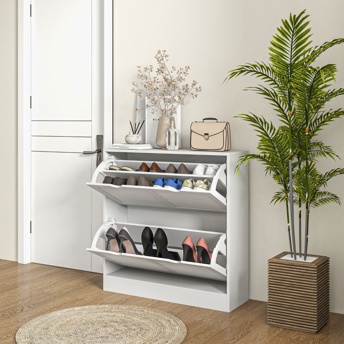 HOMCOM White Slim Shoe Cabinet with 2 Flip Drawers for Entryway