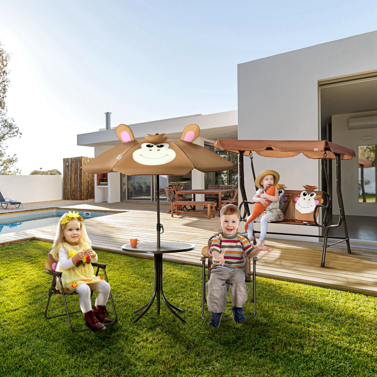 Outsunny Kids Foldable Four-Piece Garden Set with Round Table, 2 Fold-Out Chairs and Adjustable Umbrella, Monkey Design