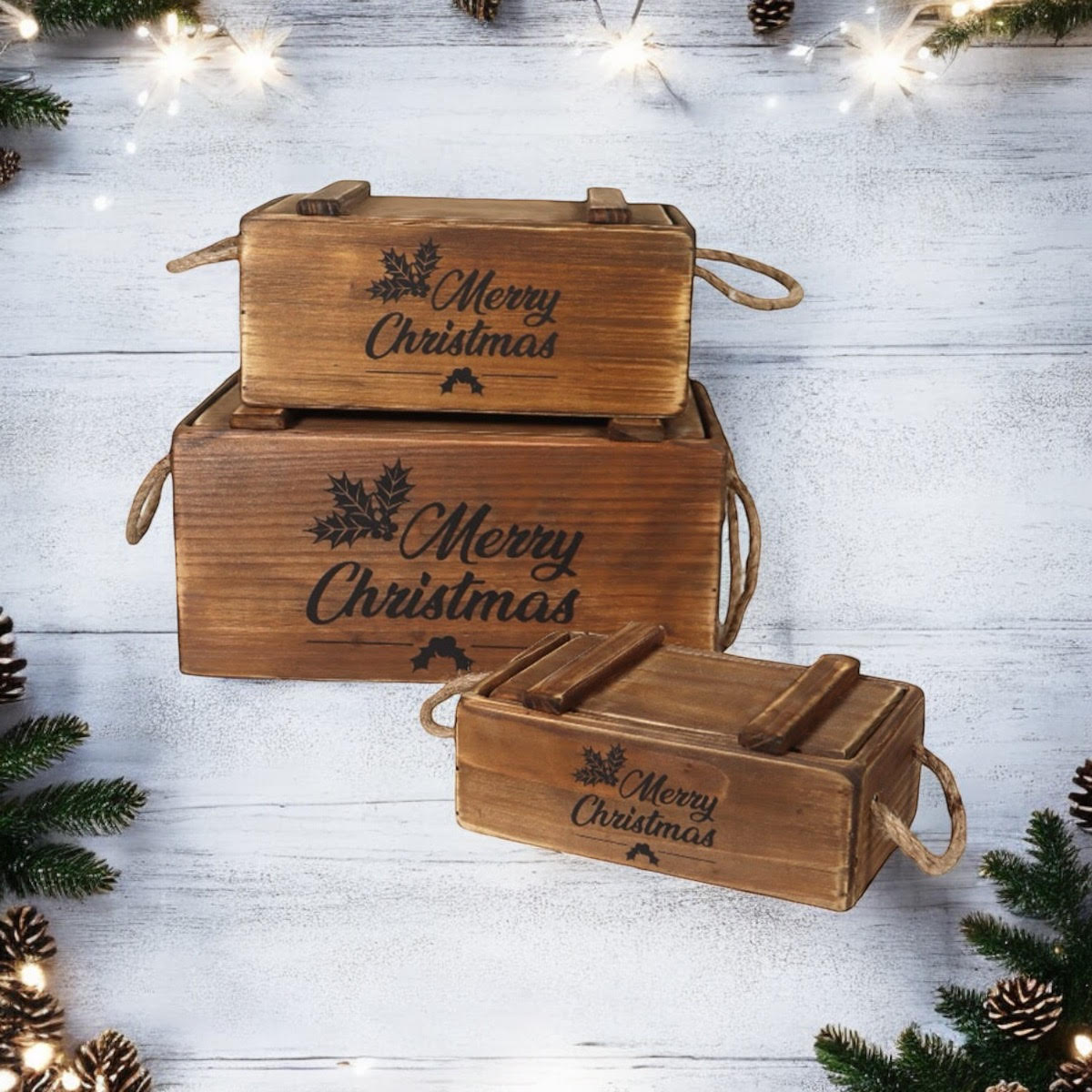Set of 3 Hand Finished Wooden Christmas Boxes with Lids