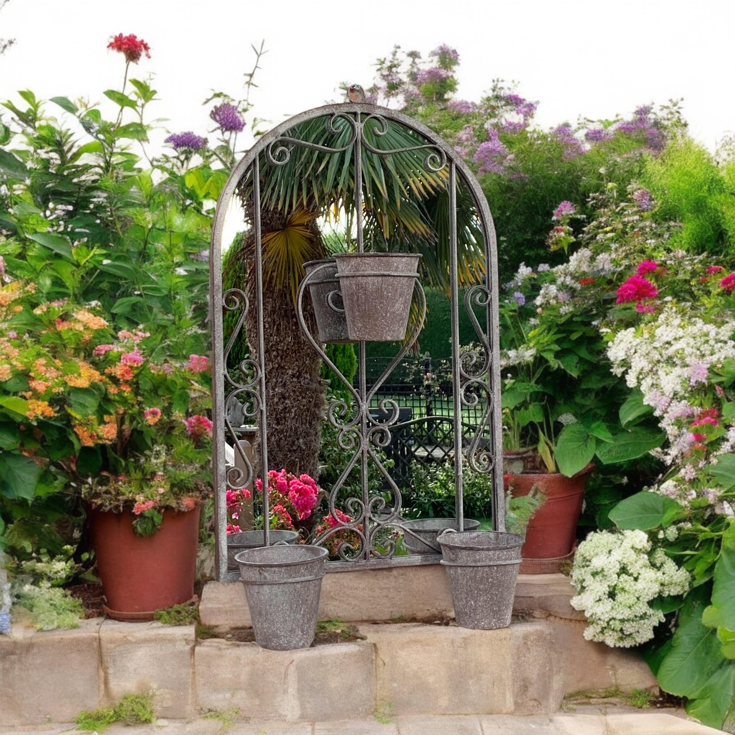 80cm Antique Finish Metal Wall Mirror with 3 Planter Holders and Pot